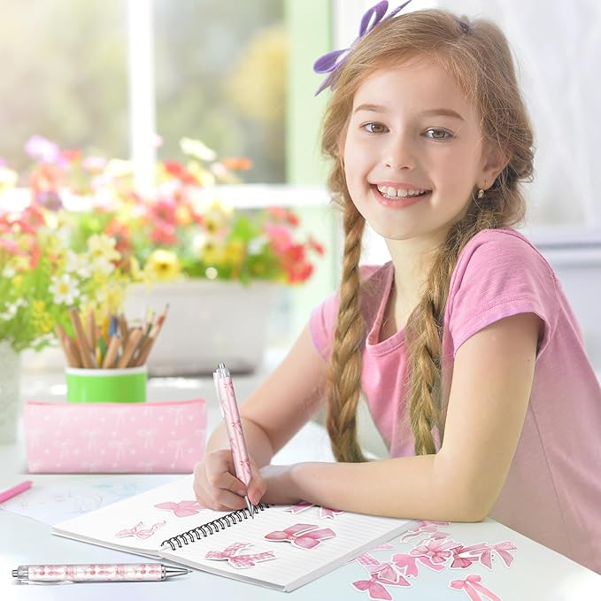 Pink Bow Stationery Gift Coquette School Supplies Set Include Pens Aesthetic Journal Notebook Pencil Case and Stickers Pink Bow Preppy Back to School Supplies for Girl Students