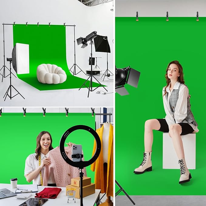 Green Screen Backdrop Kit, 6.5 x 10 Ft Portable Greenscreen Background with Stand, 5 Clamps & Carrying Bag for Photography, Streaming, Zoom, Gaming, YouTube