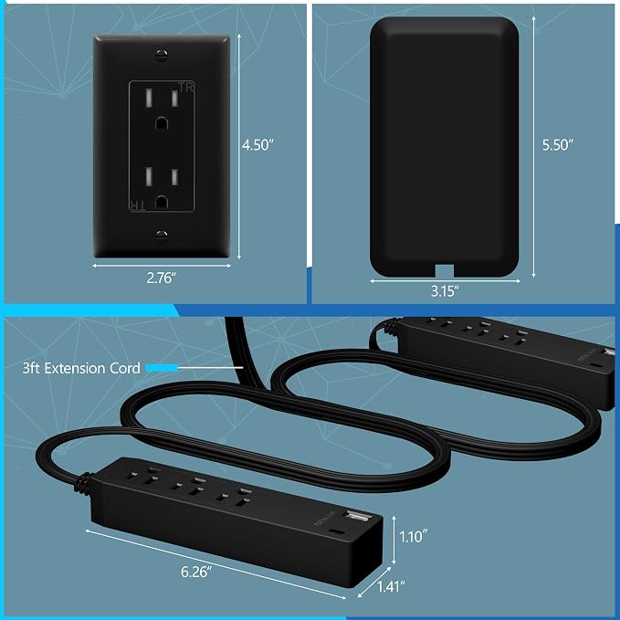 LIDER Outlet Extender with 3 Receptacles, 2 Power Strip with USB-A & USB-C, Ultra-Thin Wall Plate Plug with Cord Extender, 3-Outlet Power Strip, 3ft Cord, 1625W, ETL Listed, Matte Black