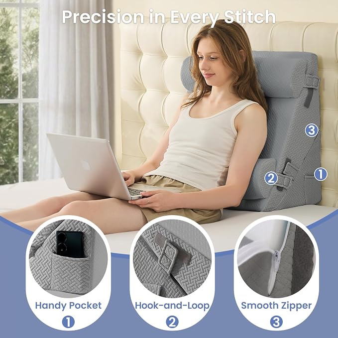 Sasttie Adjustable Wedge Pillow Set for After Surgery, Dark Grey | 2PCS Bed Wedge Pillow Headboard with Memory Foam Neck Cushion, for Acid Reflux, Sleeping, Neck & Back Support