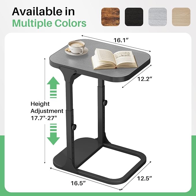 Kitstorack Height Adjustable End Table 2 Pack, Small Side Table for Couch, Sofa Table with Metal Frame for Living Room, Bedroom, Bedside C Shaped Table,Gray