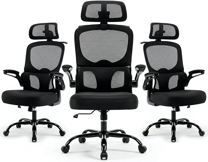 Ergonomic Mesh Office Chair,330LB Capacity High Back Desk Chair with Adjustable Lumbar Support, Adjustable Headrest & Flip-Up Arms,Breathable Computer Chair for Home Office,Work & Study,3pcs