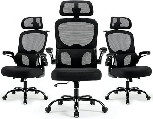 Ergonomic Mesh Office Chair,330LB Capacity High Back Desk Chair with Adjustable Lumbar Support, Adjustable Headrest & Flip-Up Arms,Breathable Computer Chair for Home Office,Work & Study,3pcs