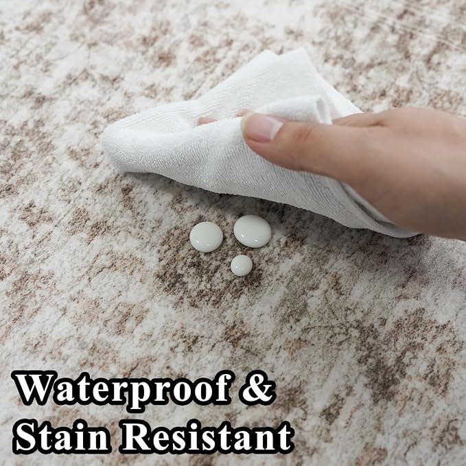 Living Room Washable Area Rugs 4x6 - Ultra-Thin Home Decor Mat for Bathroom/Nursery/Office-Vintage Soft Bedroom Carpets with Non Slip Backing Stain Resistant Rug for Household Women 4x6 Beige Brown