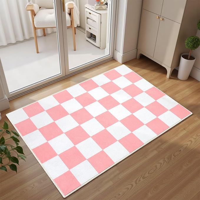 Terrug Pink and White Checkered Rug for Entryway,2x3 Small Area Rugs Washable with Non Slip for Kitchen,Soft Low Pile Retro Carpet for Bedroom Front Door Porch