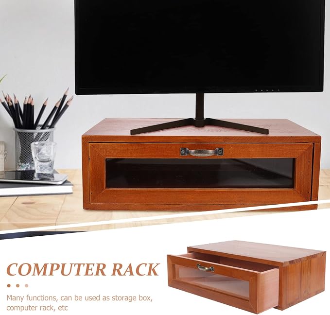Retro Wooden Monitor Riser with Drawer 11.81X7.28X3.93 Inch Desktop Storage Box Organizer for Office Makeup and Computer Accessories