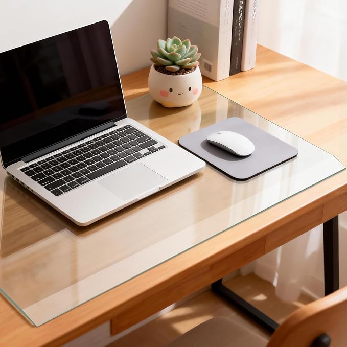VASUHOME 24" x 18" Premium Tempered Glass Desk Mat with Beveled Edge - Ergonomic Desk Protector, Crystal Clear, Dry Erase Surface, Ideal Table Top Protector for Home & Office