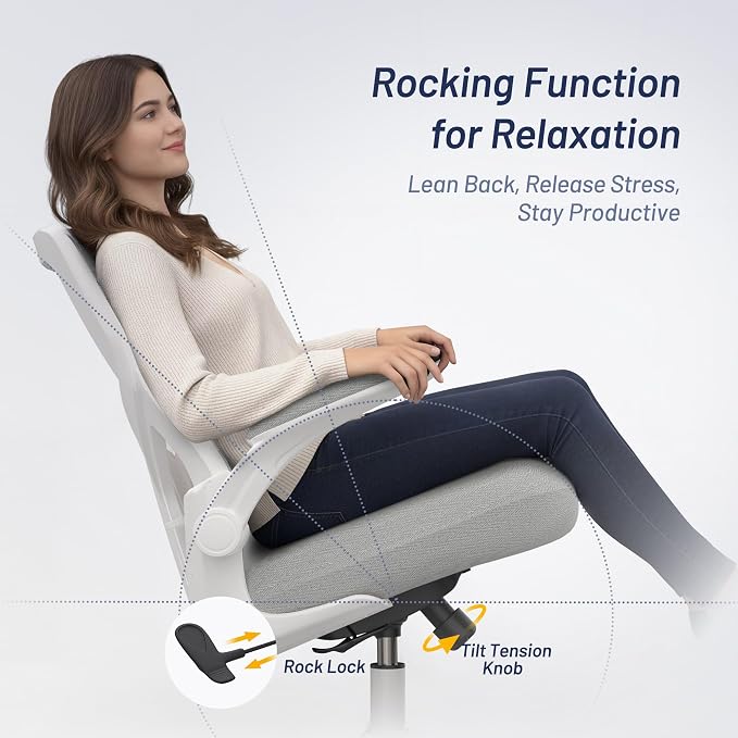 Office Chair for Long Hours & Back Pain Relief – 4" Molded Foam Cushion, Padded Lumbar Support, and Padded Flip-up Armrests, Ideal for Office or Study, Light Gray