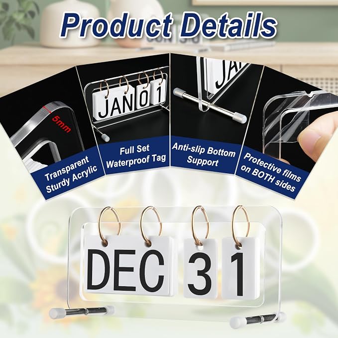Cosmos Desk Flip Calendar Perpetual Desk Date Calendar Ring Flip Daily Block Calendar for Home Office Teacher Desktop Accessory, Reusable Month Day Display Desk Standing Calendar Decoration, Acrylic