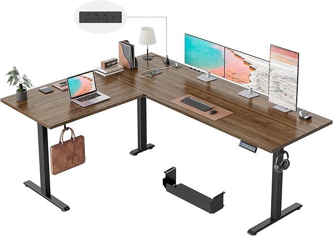 Klicelor L Shaped Standing Desk 63 x 55 Inch,Electric Height Adjustable Corner Desk with Cable Management & Power Outlets, Ergonomic Sit Stand Up Computer Table for Home Office,Dark Walnut