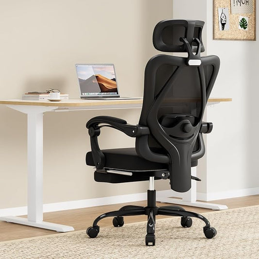 Farini Office Chair with Footrest, Ergonomic Mesh Office Chair with Headrest, High Back Desk Chair with Lumbar Support, Swivel Computer Chair for Home Office Study Room, Black and Black