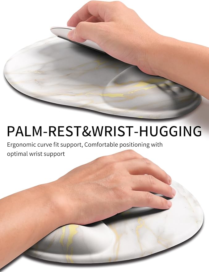 Palm-Rest and Wrist-Hugging Mouse Pad Wrist Rest, Ergonomic Wrist Support with Curve Fitting Cushioned Memory Foam for Carpal Tunnel Pain Relief, 9.9 x 8.3 Inch, Platinum Marble