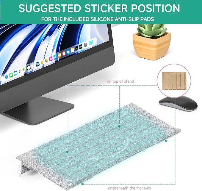 Ergonomic Computer Keyboard Stand - Adjustable Keyboard Riser Tilt Glitter Silver Acrylic Keyboard Tray Non-Slip Elevated Typing Key Board Holder Lift for Home Office Desk Accessories