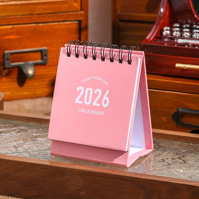 Mini Desk Calendar 2026-2027 - Jan 2026 to June 2027 Small Desktop Calendar Mini Daily Schedule Thick Paper Twin-Wire Binding with Stickers for Home Office School (Mini Pink)