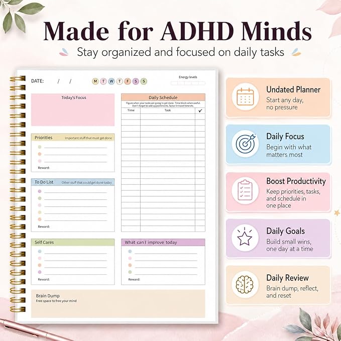 ADHD Daily Planner - Productivity Planner & Undated Task Management Organizer for Neurodivergent Adults, Focused Planners for Men & Women - B5 Blue Flowers