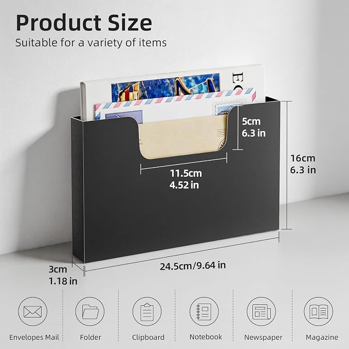 Marbrasse Magnetic File Holder, Magnetic Hanging Wall File Organizer, Pocket Paper Magazine Mail Organizer for Refrigerator,Notebooks,Planners,Letter (Black)