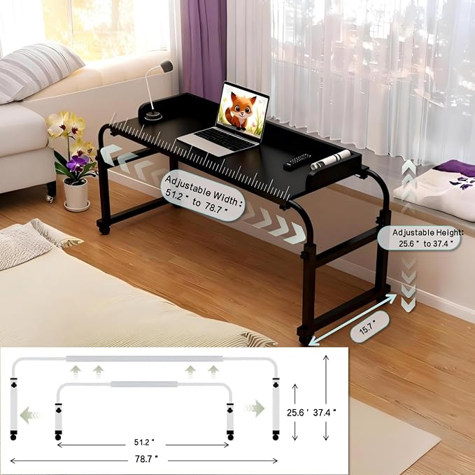 Overbed Table with Wheels and Desktop Enclosure, Height and Length Adjustable Over Bed Desk King Queen Bed Table Overbed Laptop Table (Black)