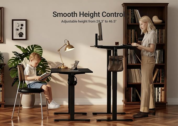 Seang Electric Height Adjustable Standing Desk, 48 x 24 Inch Sit-Stand Workstation with T-Style Frame, 3 Memory Height Options & Built-in Cable Management for Home Office, Black Frame/Black Top