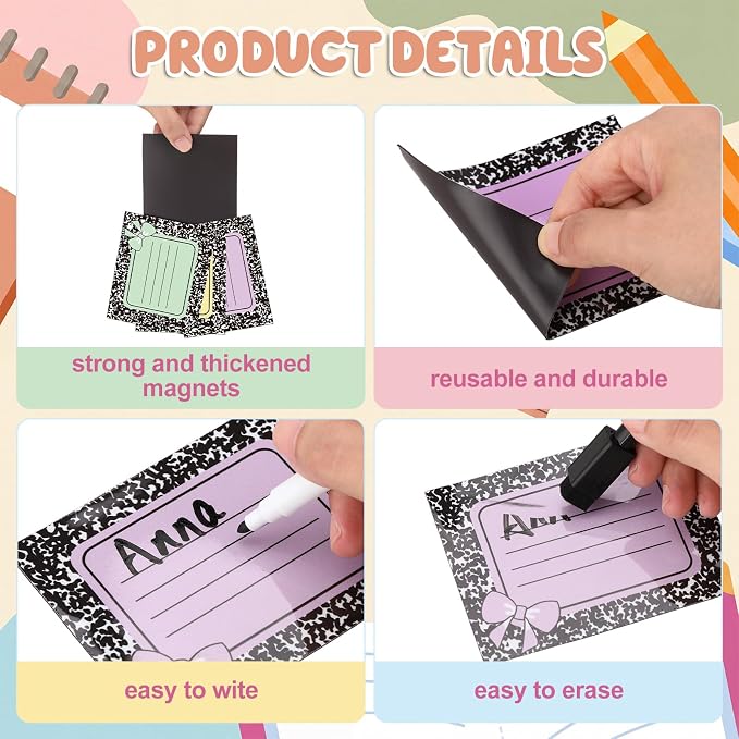 48 Pcs Pastel Composition Dry Erase Magnetic Labels with a Pen Colorful Bow Student Name Tags Magnetic Locker Name Plates Stickers for Classroom Desks School Whiteboards