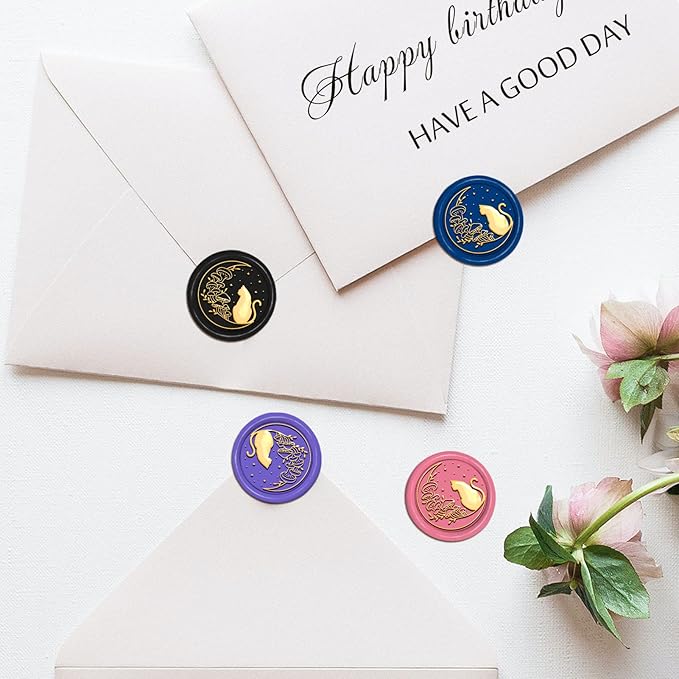 PH PandaHall Cat Wax Seal Stamp Kit Cat Mushroom Moon Wax Sealing Stamp 30mm Retro Removable Brass Head Stamp with Wooden Handle for Wedding Envelopes Invitation Card Wine Package Gift Decoration