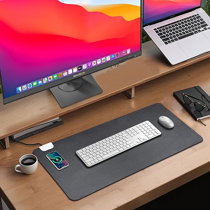 Large Desk Pad with Wireless Charger, Dual Side PU Leather Desk Mat on Top of Desks, Black Mouse Pad Desk Protector Mat, Waterproof Keyboard Mouse Mat for Gaming Computer Desktop Cover 31.5"x12.6"