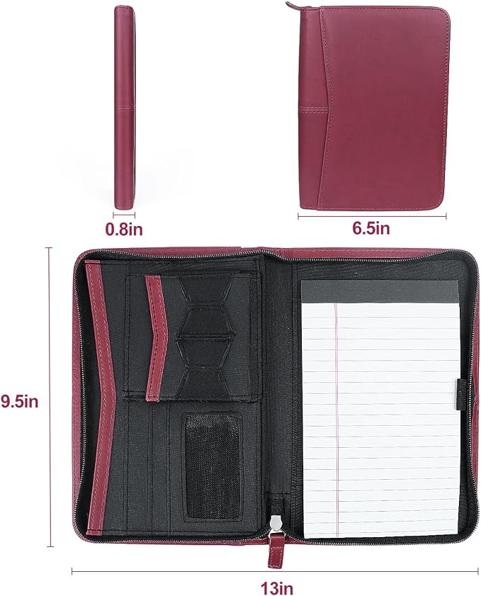 Mini Leather Zippered Padfolio Portfolio Binder 5 x 8 Legal Writing Pad, Professional Business Portfolio for Men & Women, Card Holder, Notepad Clipboard Holder, Red