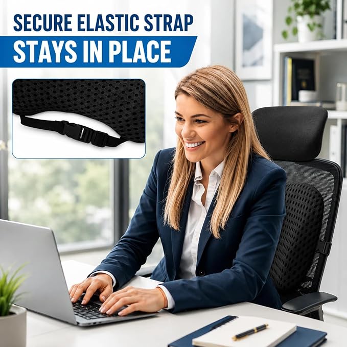 Lumbar Support Pillow for Office Chair – Ergonomic Memory Foam Lower Back Cushion with Breathable 4D Mesh & Adjustable Strap, Back Support for Car Seat, Desk Chair & Gaming Chair