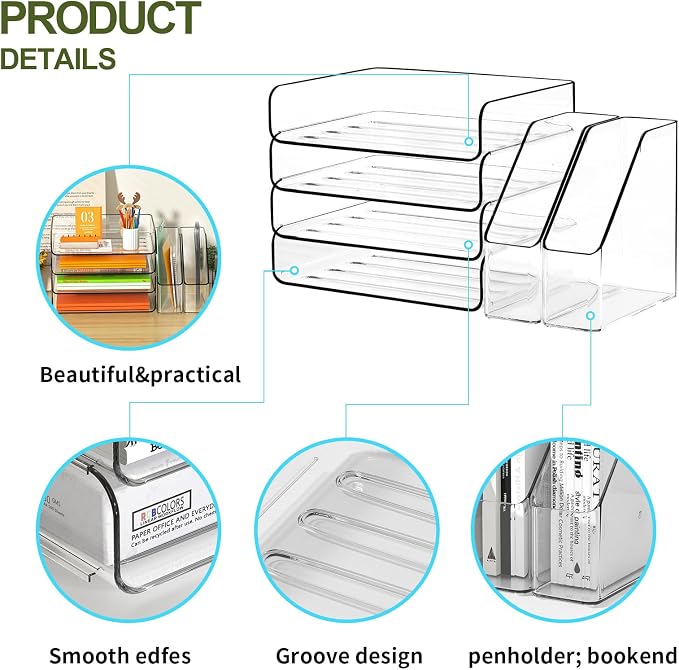 FANXIYQ 4-Tier Acrylic Paper Tray Organizer with Bookends, Paper Organizer | Tool-Free Stackable 1-4 Tier Design with 2 Bookends for Files, Folders and A4 Paper; For School, Home Office and Study Room