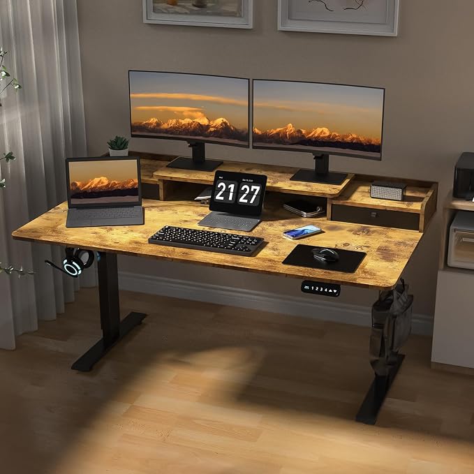 63 x 30 Inch Electric Standing Desk with 2 Drawers, Adjustable Height Widened Stand Up Desk with Storage, Sit to Stand Ergonomic Workstation for Home Office, Rustic Brown