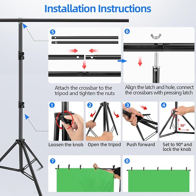 HEMMOTOP 7x5 ft(HxW) Green Screen Stand Kit, 6.5x5 ft Green Screen Backdrop with Stand for Streaming, Gaming, Zoom, Portable Greenscreen Background Kit with Clips & Carrying Case