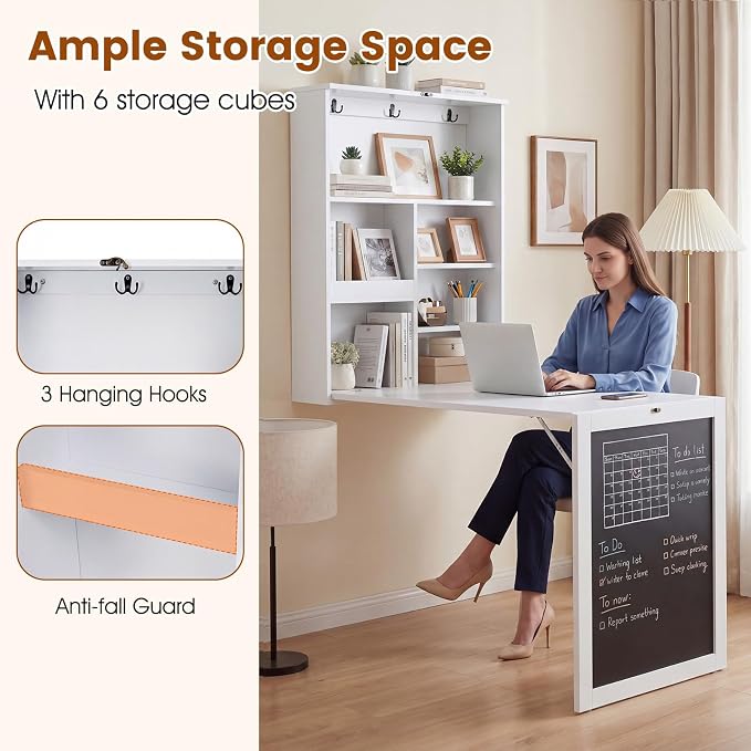 Tangkula Foldable Wall-Mounted Desk, Floating Desk with Chalkboard, Storage Shelves & Hooks, Space-Saving Murphy Table for Home Office, Bedroom, Dorm Room, Small Spaces