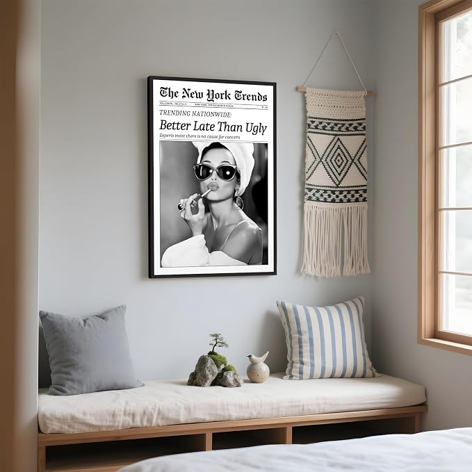 Framed Better Late Than Ugly Wall Decor Vintage Newspaper Wall Art Black and White Fashion Poster Audrey Hepburn Chic Decor New York Trends Glam Quote Canvas Print for Bedroom Bathroom Dorm 16x24inch
