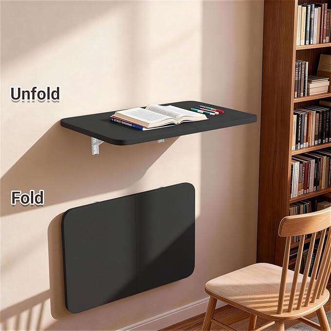 Wall Mounted Folding Desk 23.6” x 15.7”, Drop Down Table with Metal Collapsible Brackets, Folding Wall Table for Small Spaces, Home, Office, Kitchen, Laundry Room-Black