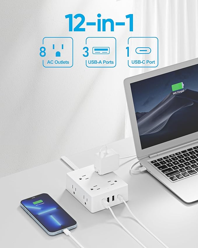 Olcorife Flat Plug Power Strip with 5 FT Extension Cord, 8 Outlets 4 USB Ports(1 USB C), 3 Sided Outlet Extender for Home Office Travel Dorm Room Essentials, White