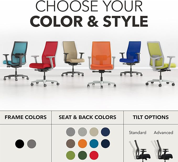 HON Ignition 2.0 Mid Back Task Chair, Spectrum Mesh, Advanced Synchro-Tilt Control, Office Chair with Lumbar Support, Height and Width Adjustable Arms, Black Frame, Linen