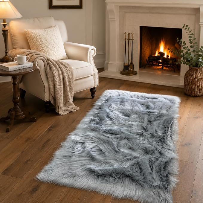 EasyJoy Faux Sheepskin Rug, Fluffy Faux Fur Rug, Ultra Soft Shag Area Rug with Non-Slip Backing for Bedroom, Living Room, Nursery, Kids Room(2 x 4 ft Rectangle, Frosted Bottom Gray)