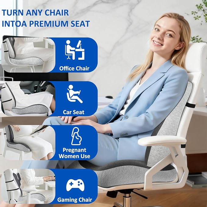 Lumbar Support Pillow for Office Chair,Seat Cushion with Back Support,Office Chair Cushion for Tailbone Pain,Sciatica and Hemorrhoid Relief (Grey)