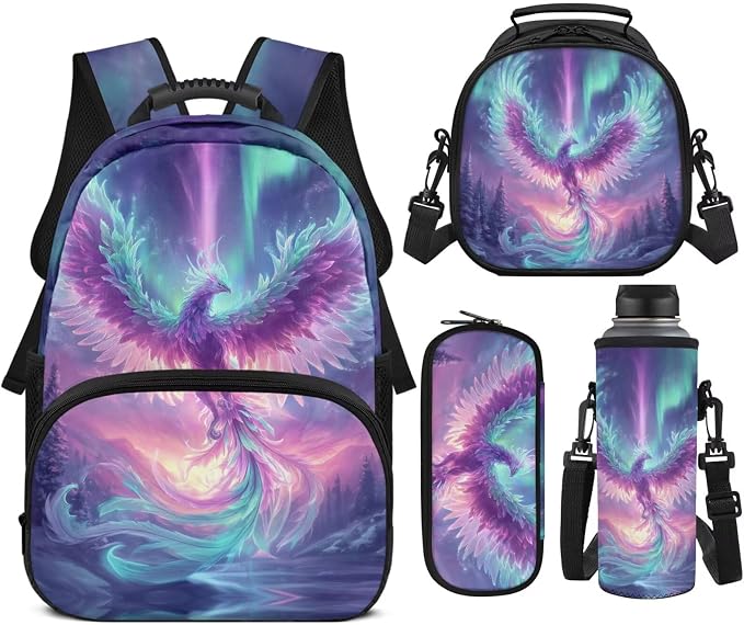 Phoenix Backpack with Lunch Box for Girls Ages 8-10: 17 inch Lightweight Bookbag with Padded Shoulder Strap for Elementary Kids Back to School, Polar Lights Graphic