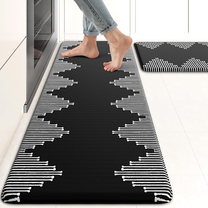 KIMODE Anti Fatigue Kitchen Mats,Black Boho Kitchen Rugs,Standing Desk Mats | Padded Kitchen Mat for Floor, Cushioned Kitchen Mats for Floor 2 Piece for Laundry Office Sink Dormitory RV 17"x47"+17"x29"