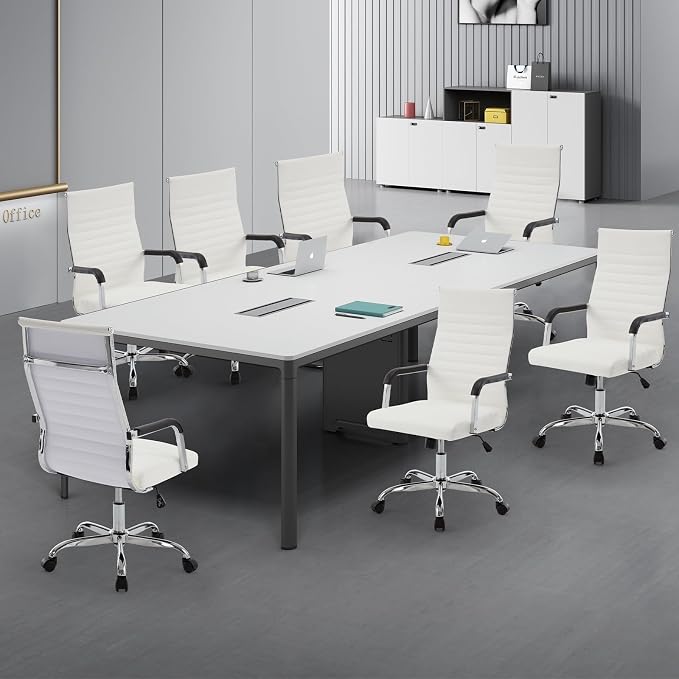 Office Chair, Ergonomic Executive Conference Room Chairs, Ribbed Leather Desk Chair with Lumbar Support, Adjustable Height Mid-Back Swivel Chair with Padded Seat