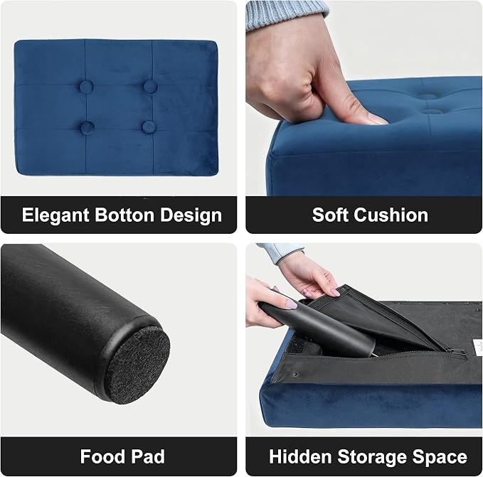 CAROLMADE Footstool Ottoman with Legs, Velvet Small Foot Rest Under Desk, Ottoman with Storage for Living Room, Bedroom, Entryway Blue