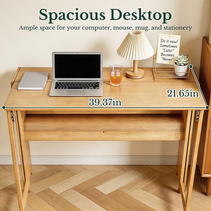 41'' Bamboo Folding Desk with Bookshelf, Space-Saving Computer Desk, Mid Century Modern Foldable Study Table for Home Office, Bedroom, Small Spaces - Primary Color