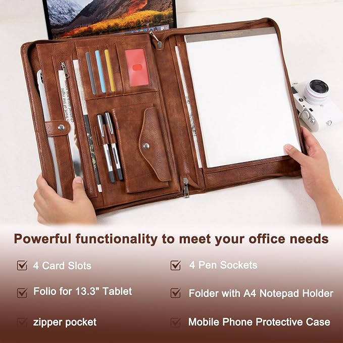 AZXCG Portfolio Binder, Portfolio with Handle and Zipper,Leather Podfolio for Men,Business Padfolio Organizer for Women, A4 Notepad Holder,Gift for Father's Day,Men and Women
