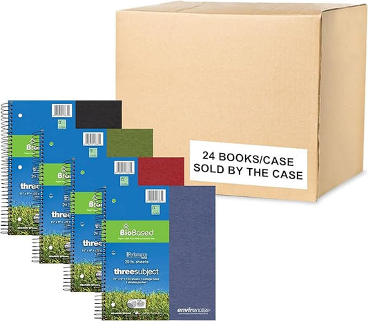 Roaring Spring Environotes Recycled Spiral Notebook, 3 Subject, 24 Pack, 11" x 9", 120 Perforated Sheets, 20 lb Bio-Based Paper, College Ruled w/ Margin, Assorted Earthtone Covers, Double Pocket, 2 Dividers, Made in USA