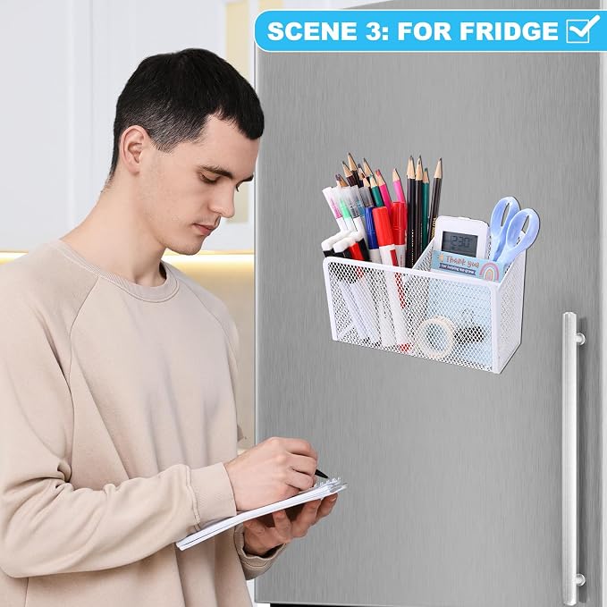 Sherr 3 Pcs Magnetic Pen Pencil Holder Set Magnets Wire Mesh Marker Holder Storage Basket for Locker Accessories Classroom Whiteboard Refrigerator and Home Wall, Macaron Color(White)