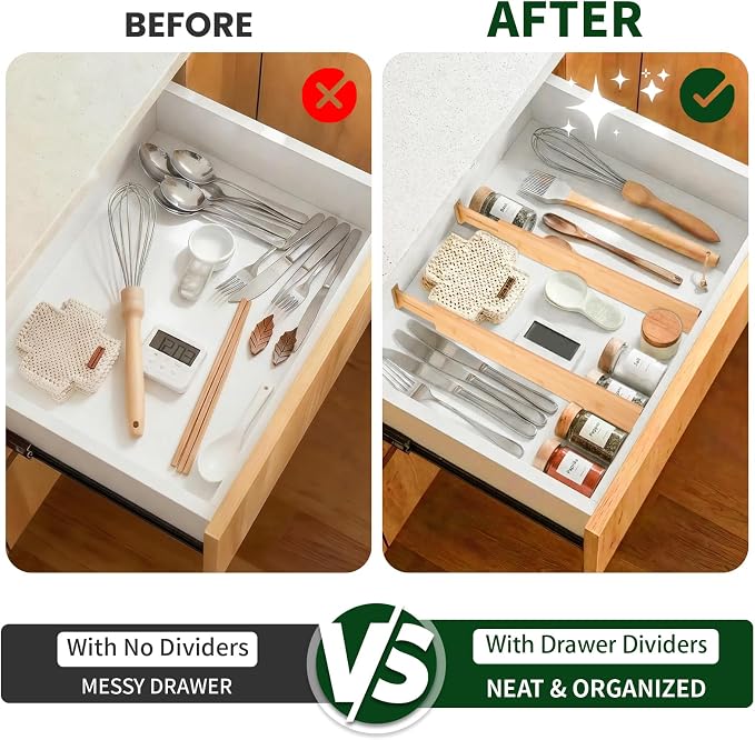 CMOOD 6 PCS Bamboo Drawer Dividers, Kitchen Drawer Dividers, 17"-22" Expandable Adjustable Bamboo Drawer Dividers Organizers for Kitchen, Clothes, Dresser, Bedroom, Home, Office, Spring Loaded