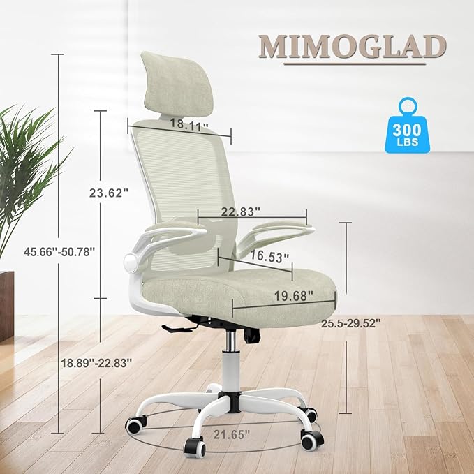 Mimoglad Office Chair, High Back Ergonomic Desk Chair with Adjustable Lumbar Support and Headrest, Swivel Task Chair with flip-up Armrests for Guitar Playing, 5 Years Warranty