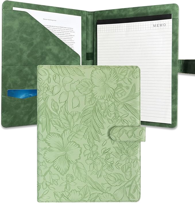 Portfolio Padfolio Binder, Faux Leather Professional Document Organizer with Business Card Holder, Letter-Sized Notepad Legal Pad Holder, Durable Executive Folder for Interviews, Meeting (Green)