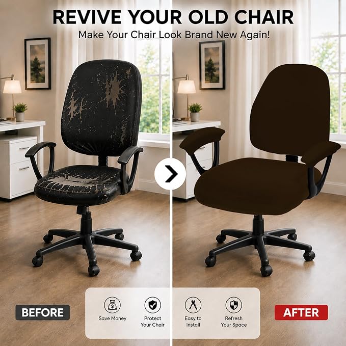 DIVA EN CAMINO DEC Office Chair Covers - Universal Stretch Computer Chair Slipcover - 180GSM Washable Rotating Backrest Coverings & Cushion Protectors & Armrest Covers for Dogs, Cats, Pets, Brown