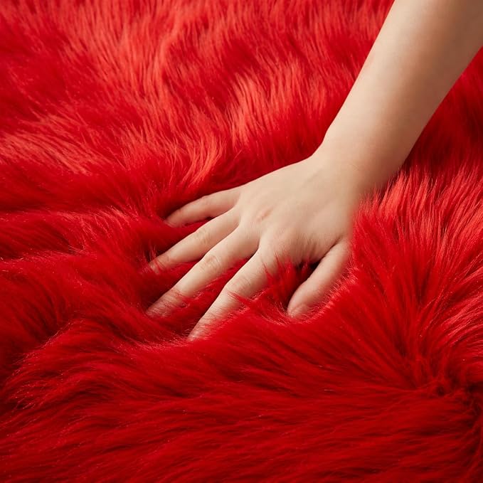 EasyJoy Ultra Soft Faux Fur Rug Fluffy Sheepskin Rug for Bedroom Living Room Sofa Bedside Floor(2 x 4 ft Rectangle, Red)